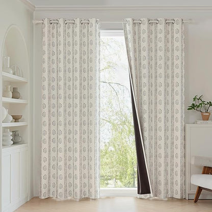 100% Boho Blackout Curtains 84 Inches Long for Bedroom, Black on Beige Patterned Bohemian Curtains for Living Room, Geometric Striped Thermal Insulated Window Drapes Gromment Top 2 Panels