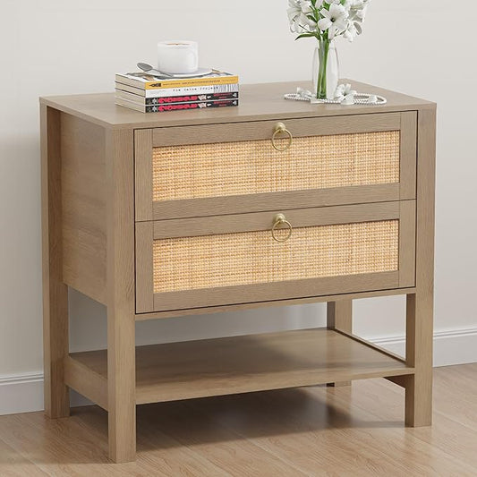Rattan Nightstand with 2 Drawers and Storage Shelf, 26” Tall Wide Night Stand, Wood Large Bedside Table with Golden Handle for Bedroom, Side Table, Carbon Cherry