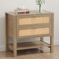 Rattan Nightstand with 2 Drawers and Storage Shelf, 26” Tall Wide Night Stand, Wood Large Bedside Table with Golden Handle for Bedroom, Side Table, Carbon Cherry