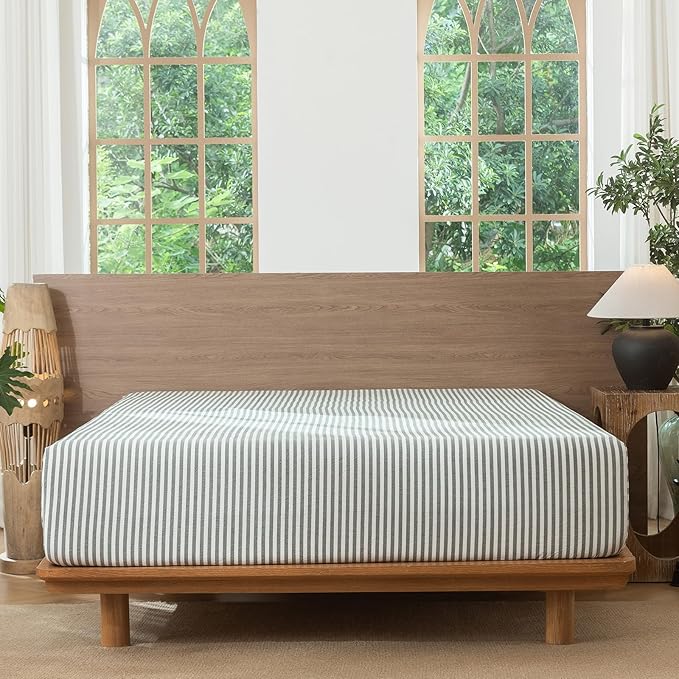 MooMee Striped Fitted Bottom Sheet Only 100% Washed Cotton Linen Like Textured Breathable Durable Soft Comfy Deep Pocket Fits Mattress up to 17" (Heathered Green Classic Stripes, King)