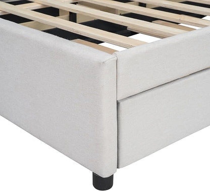 Full Size Bed Frame with Twin Size Trundle and 2 Storage Drawers,Linen Upholstered Platform Bed Frame Full with Brick Pattern Headboard,Solid Wood Slat Support,No Box Spring Needed,Beige
