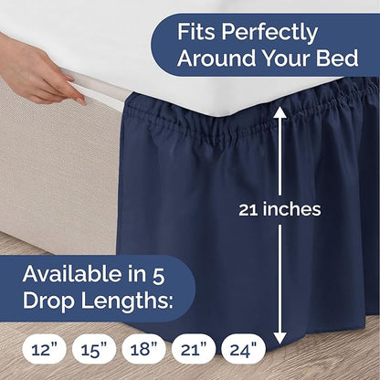 Wrap Around Dust Ruffle Bed Skirt - Navy Blue - for Queen Size Beds with 21 Inch Drop - Elastic Strap - Adjustable Pleated Bedskirt with Brushed Fabric and Wrinkle Free - for Women, Men, Kids & Teens
