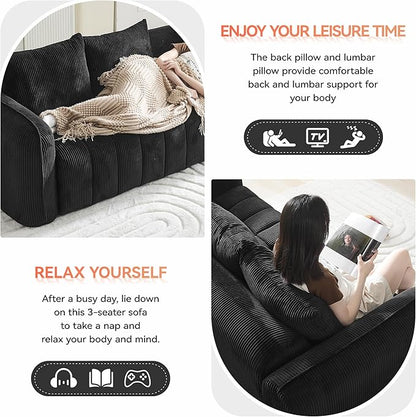Corduroy Boneless Living Room Sets, Modern Upholstered 3 Seater Sofa with 2 Signle Accent Chairs, Comfy Deep Seat Cloud Sofa Couch Sets for Living Room, Black