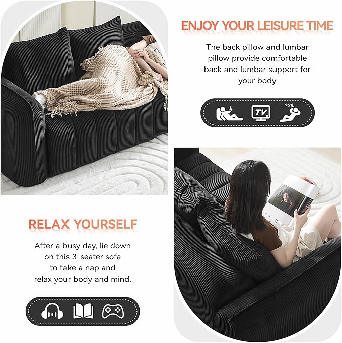 83'' Boneless Corduroy Sofa, Oversized 3 Seater Deep Seat Couch with Rounded Armrest, Modern Upholstered Cloud Sofa for Living Room, No Assembly, Black