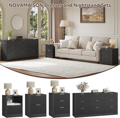 9 Drawer Dresser & Nightstand Set 3-Piece, 63” Wide Fluted Bedroom Dresser Set Night Stand Set of 2 with Metal Handle, Modern Wood Chest of Drawers Storage Dressers Set for Bedroom, Black
