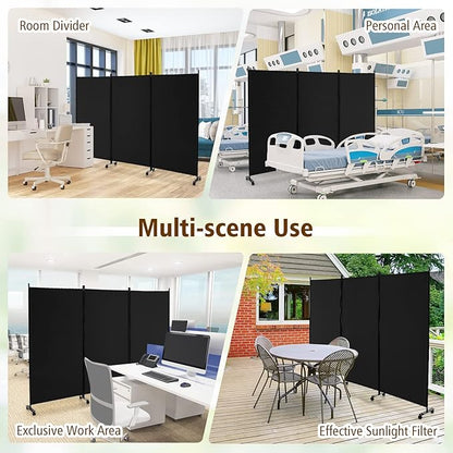GOFLAME 3 Panel Folding Room Divider, 6FT Rolling Privacy Screen with Lockable Wheels, Portable Room Partition Screen, Freestanding Wall Divider and Separator for Home Office, Black