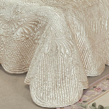 Touch of Class Portia Luxury Bedding | Soft Pearl | Premier Quilted Polyester Satin | Romantic Hand Guided Machine Quilted Scroll Design 3 Piece Set: Cal King Oversized Bedspread & 2 King Shams