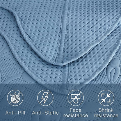 CHIXIN Bedspread Coverlet Quilt Set Full Size - Lightweight Bedding Cover - Ultrasonic Quilting - 5 Piece Reversible Bedspread - Vintage Rose Pattern (Full, Ashley Blue)