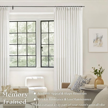 Thick Linen Semi Sheer Curtains 90 Inches Long for Living Room Bedroom Light Filtering Beige Off White Textured Burlap Pinch Pleated Curtains 90 Length Hooks Rings Back Tab for Sliding Door 2 Panels