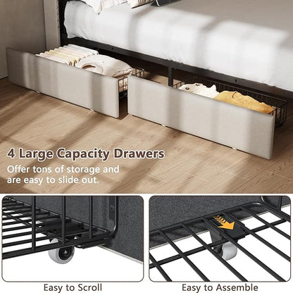 Forestell Queen Bed Frame with Headboard, Upholstered Platform Bed with 4 Storage Drawers, Built-in LED Lights & Charging Station, Metal Slats Support, No Box Spring Needed, Beige, Cama Queen Size