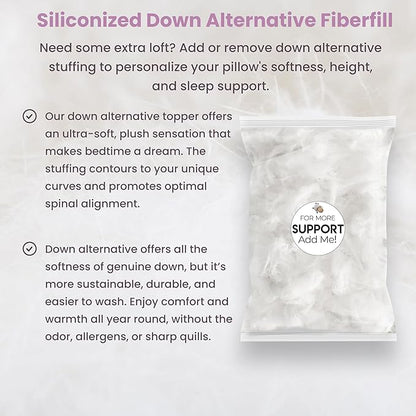 Wife Pillow - Topper, Down Alternative Premium Siliconized Fiberfill - Machine Wash & Dry. Adjustable for Side Sleepers by Zipper Access, Add or Remove Filling for Best Sleeping: Medium Support