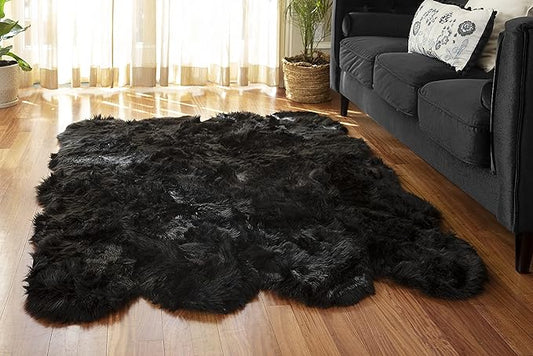 Silky Soft Faux Fur Rug, 5 ft. x 7 ft. Black Fluffy and Shaggy Sheepskin Area Carpet for Living Rooms, Bedroom, Kid's Room, or Nursery, Home Décor Accent, Machine Washable with Non-Slip Backing