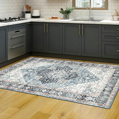 Runner Rug 2×6, Vintage Boho Rug,Ultra-Soft Low Pile, Washable, Non Slip,Stain Resistant Printed Carpet for Hallway Kitchen Living Room Bedrooms Playroom Office, Blue/Navy