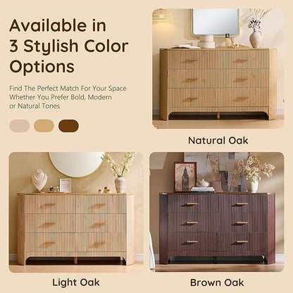 Fluted 6 Drawer Dresser for Bedroom with Curved Profile Design, 53.9 Inch Wide Chest of Drawers, Smooth Glide Storage Cabinet for Living Room, Natural Oak
