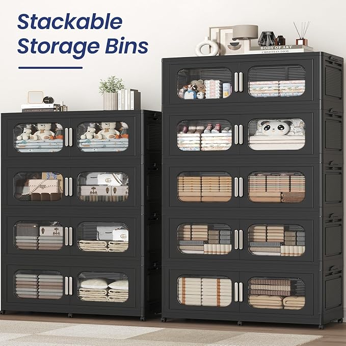 250GAL Extra Large Storage Bins with Lid, 1000QT Storage Bins with Wheels, Folding Closet Organizer, Stackable Collapsible Plastic Storage Containers for Home, Office, Kitchen, 5Pack Black