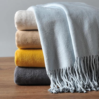 EP Mode Fringed Mulberry Silk Throw Blanket for Sofa (Baby Blue)