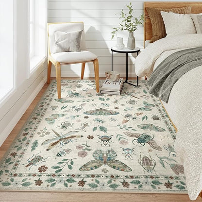 Lahome Insect Print Washable Area Rugs 5x7, Soft Rugs for Living Room Ultra-Thin Non-Shedding Modern Bedroom Rug, Stain Resistant Throw Rug Large Carpet for Dining Room Kids Nursery(5'x7',Beige)