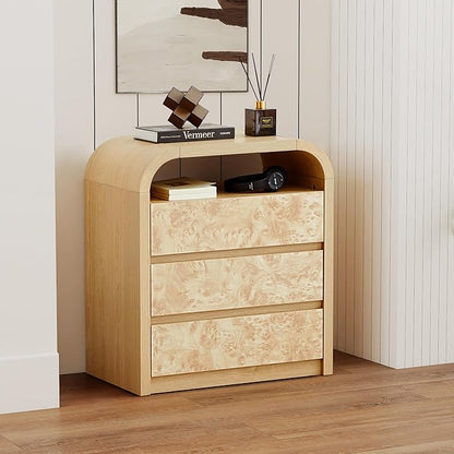 3 Drawer Dresser for Bedroom, Modern Chest of Drawers with Open Shelf, Burl Wood Tall Nightstand End Table for Living Room, Hallway (Natural)