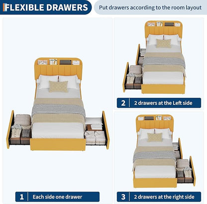 Jojoka Twin Bed Frame with Storage Headboard and 2 Drawers, Boucle Upholstered Platform Bed, Modern Girls Bed Frames for Rooms, No Box Spring Needed, Easy Assembly (Yellow, Twin)