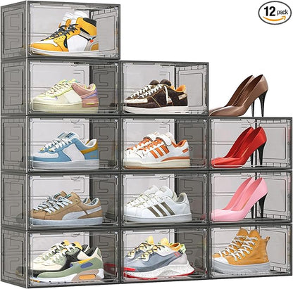 12 Pack XX Large Shoe Organizer, Heavy-Duty Hard Thicken Plastic Clear Stackable Shoe Storage Box Organizer for Closet, Space-Saving Shoe Rack Display Case Bin Containers for Sneakers, Grey