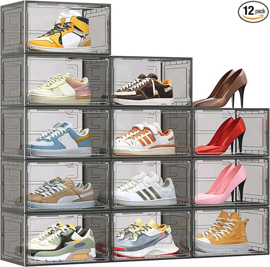 12 Pack XX Large Shoe Organizer, Heavy-Duty Hard Thicken Plastic Clear Stackable Shoe Storage Box Organizer for Closet, Space-Saving Shoe Rack Display Case Bin Containers for Sneakers, Grey