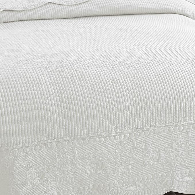 MarCielo 100% Cotton Quilt Set - 3-Piece Embroidered Farmhouse Bedspread & Shams, All-Season Breathable Bedding(TG Bright White,King)
