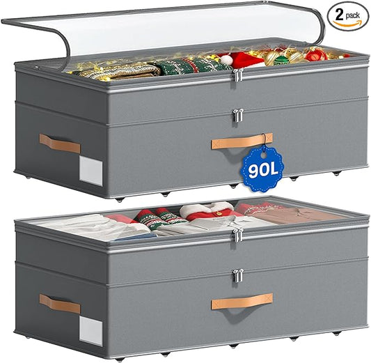 Under Bed Storage with Wheels, 2-Pack Underbed Storage Containers, No Assemble 11 inches 90L XXL Large Adjustable Storage Bins with Clear Lids, Rolling Storage for Clothes, Shoes, Blankets, Gray