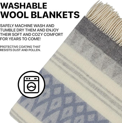 | Wool Blanket/Throw | 100% New Zealand Wool | Perfect for Home and Outdoors | Virgin Wool Throw with Fringes 67"x79" (170 x 200 cm)
