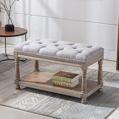 DUOMAY Farmhouse Tufted Storage Ottoman Bench with Shelf, 31.5" Width Linen Upholstered Entryway Shoe Ottoman Foot Stool for Bedroom Living Room Dining Room, Grey