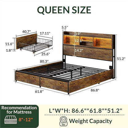 LARMACE Queen Size Bed Frame with 6 Storage Drawers and Headboard Wooden Platform Bed Frame with LED Lights and Charging Station Easy Assembly/No Box Spring Needed/Vintage Brown