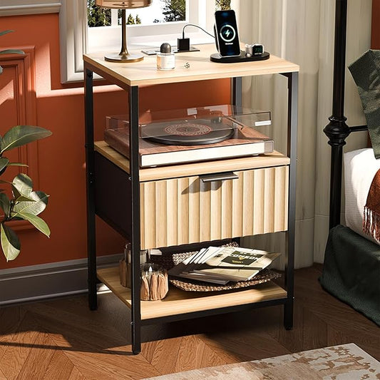 VINGLI Night Stand with Charging Station, Fluted Nightstand with Fabric Drawer, Bed Side Table/End Table for Bedroom, Dorm, 14.96" W*11.81" D*23.7" H