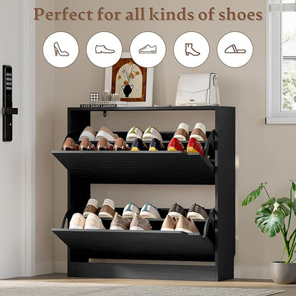 Shoe Cabinet with 2 Flip Drawers, Slim Narrow Shoe Storage Cabinet, Freestanding Shoe Organizer with Adjustable & Removable Shelves, Top Display Shelf for Entryway, Hallway, Foyer, Closet