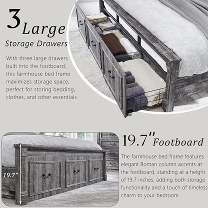 Farmhouse King Size Bed Frame with 51" Tall Headboard, Wood Platform Bed Frame with 20" Tall Roman Column Decoration Footboard & 3 Large Storage Drawers, No Box Spring Needed (Light Grey)