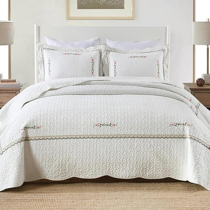 MarCielo 3-Piece 100% Cotton Oversized Bedspread Lightweight Quilt Coverlet Embroidery Farmhouse Bedding Set (Sakura White, Oversized King (118"x106"))