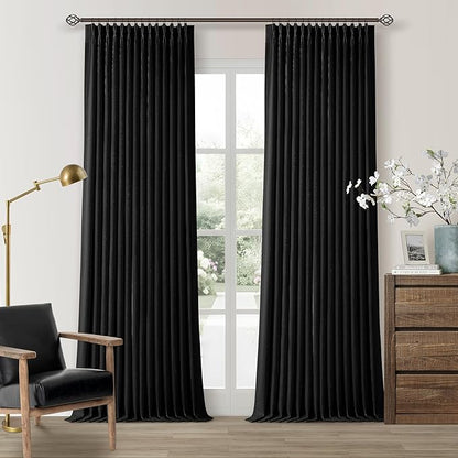 Black Linen Blackout Pleated Curtains 90 Inches Long for Living Room Darkening Pinch Pleat 100% Black Out Drapes Thermal Insulated Soundproof Midnight Black 90 Inch Curtain Panel for Dining Bedroom