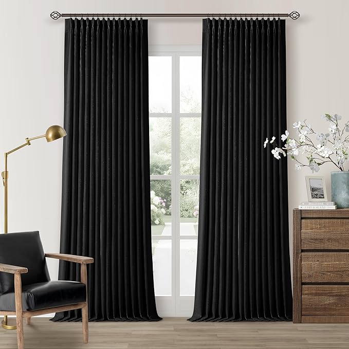 Black Pleated Linen Blackout Curtains 84 Inches Long for Bedroom Living Room Pinch Pleat Black Out Thermal Insulated Ring Hooks Back Tab Room Darkening Modern Drapes Window Curtains with Liner