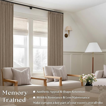 Pleated Linen Curtains 96 Inches Long for Living Room 2 Panel Set Semi Sheer Light Filtering Pinch Pleat with Rings Hooks Drapes Boho Farmhouse Rustic Light Brown Tan Latte Curtain Bedroom Window