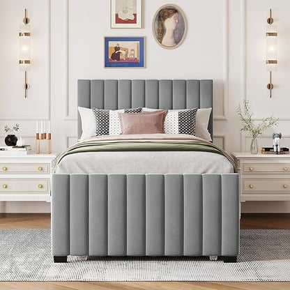 Twin Bed Frame with Trundle Bed,Velvet Upholstered Bed Frame,Twin Size Trundle Bed with Headboard,Upholstered Platform Bed Twin for Kids Teens Adults(Gray)
