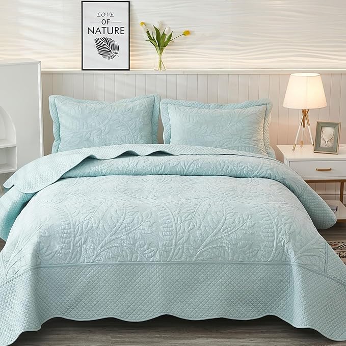 MarCielo 3-Piece 100% Cotton Oversized Bedspread Lightweight Quilt Coverlet Embroidery Farmhouse Bedding Set T0 (Aruba Blue, Oversized King (118"x106"))