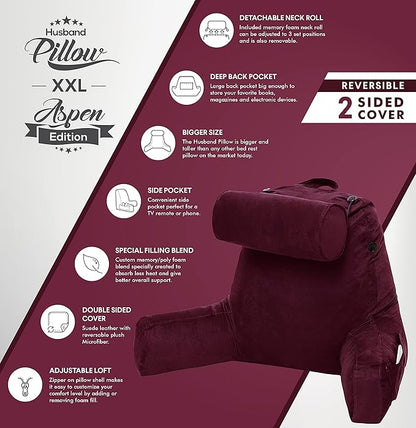 Husband Pillow XXL Aspen Edition, Adult Reading Sit Up Bed Rest Pillow for Bed with Arms & Neck Roll on Bungee Cord - Premium Memory Foam - Reversible 2 Sided Cover Micro Suede or Plush, Mauve Purple