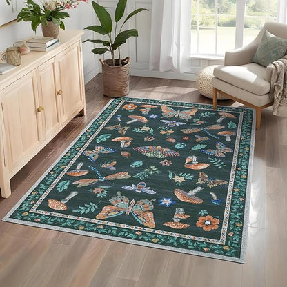 Mushroom Washable Area Rug 6x9 Rugs for Living Room Soft Low-Pile Stain Resistant Thin Carpet for Bedroom Dining Nursery Non Slip Mat with Rubber Black