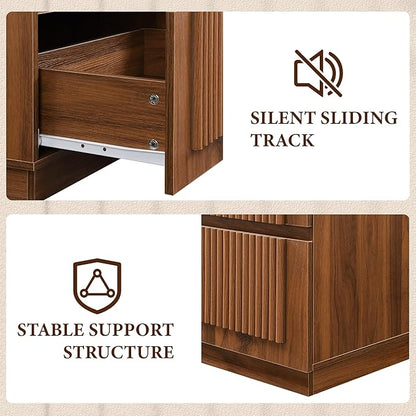Yechen Nightstand with Drawers Set of 2, Modern Arched Reeded Wood Nightstand with Charging Station, Wooden Night Stand with Storage,Bedside End Tables for Bedroom, Walnut