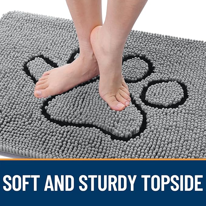 OLANLY Dog Door Mat for Muddy Paws 47x32, Paw Print Design, Absorbs Moisture and Dirt, Absorbent Non-Slip Washable Doormat, Quick Dry Chenille Mud Mat for Dogs, Entry Indoor Entryway Carpet, Grey