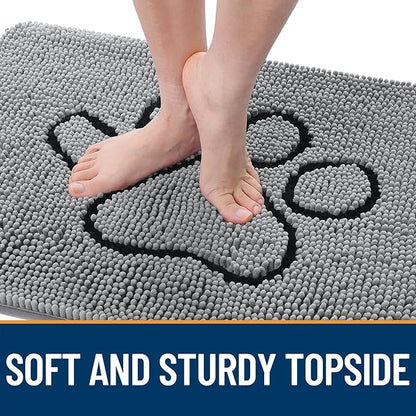 OLANLY Dog Door Mat for Muddy Paws 47x32, Paw Print Design, Absorbs Moisture and Dirt, Absorbent Non-Slip Washable Doormat, Quick Dry Chenille Mud Mat for Dogs, Entry Indoor Entryway Carpet, Grey