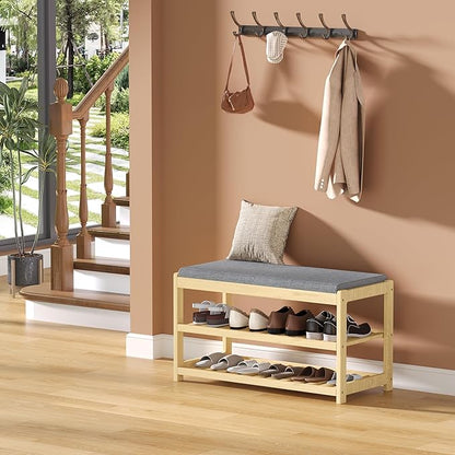 Shoe Bench Entryway, 100% Solid Solid Wood Shoe Rack Bench with Storage and Cushion Padded Seat, 3-Tier Shoe Organizer for Hallway Living Room, Mudrooms, Natural