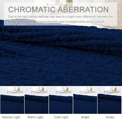 Chunky Knit Throw Blanket 50"X 60", 100% Handmade with Soft Chenille Yarn, 4.4lbs Thick Cable Knitted Blankets, Large Rope Knot Crochet Throws for Couch Sofa Bed Home Decor, Navy Blue