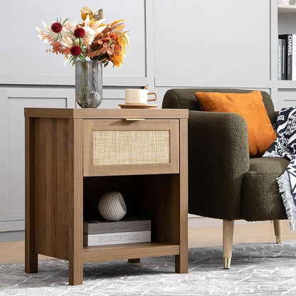 SICOTAS Rattan Nightstand - Farmhouse Night Stand with Drawer and Storage Shelf - Boho Bedside Table - End Side Table for Bedroom,Oak
