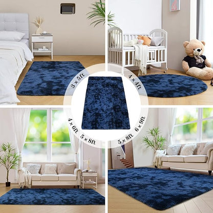 duduta Navy Blue Soft Fluffy Rug 4x6 ft, Tie-Dyed Shag Fuzzy Plush Rectangle Carpet for Bedroom Nursery Living Room Home Decor