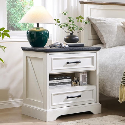 ACCOHOHO 24" Farmhouse Nightstand Set of 2 with Charging Station, 2 Drawers Large Bedside Table with Open Shelf, Rustic End Table for Bedroom - White