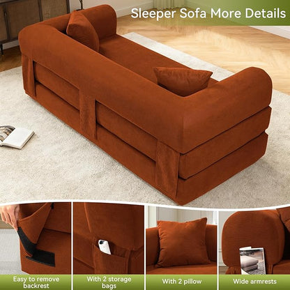 Convertible Futon Sofa Bed,80" Folding Pull Out Couch Bed with Storage,Queen Sleeper Sofa Bed,Compressed Couch in a Box,Corduroy Boneless Couches for Living Room,Orange
